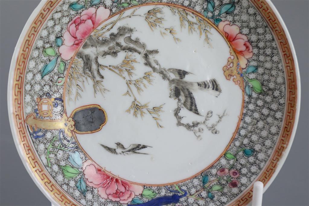 A Chinese famille rose 'hawk' tea bowl and saucer, Yongzheng period, saucer 11.5cm diameter